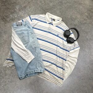 Vintage Rocawear Striped Polo Shirt Mens 3XL White Blue Y2K Baggy Hip Hop 0427